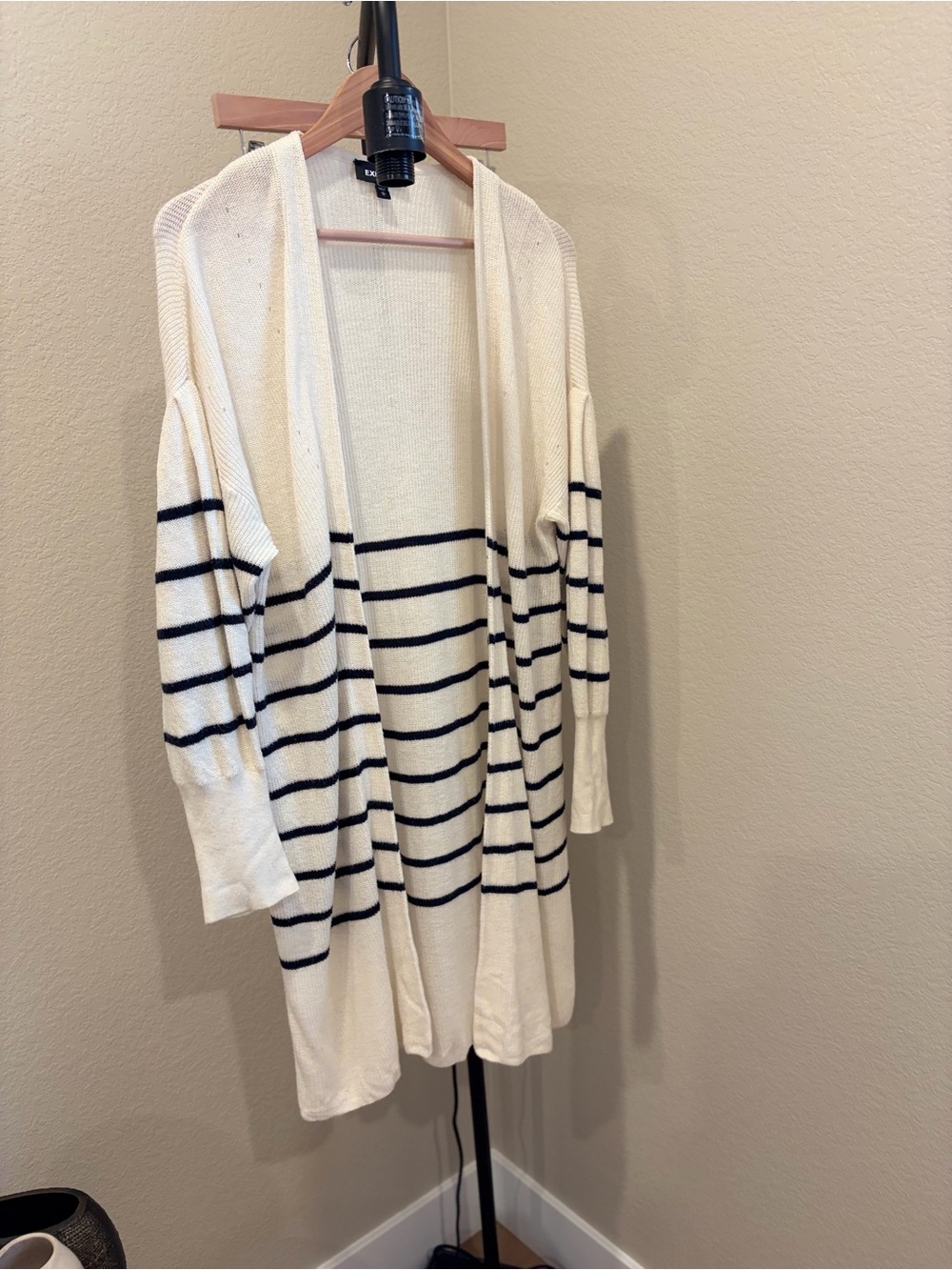 Express Cream and Navy Striped Open-Front Cardigan